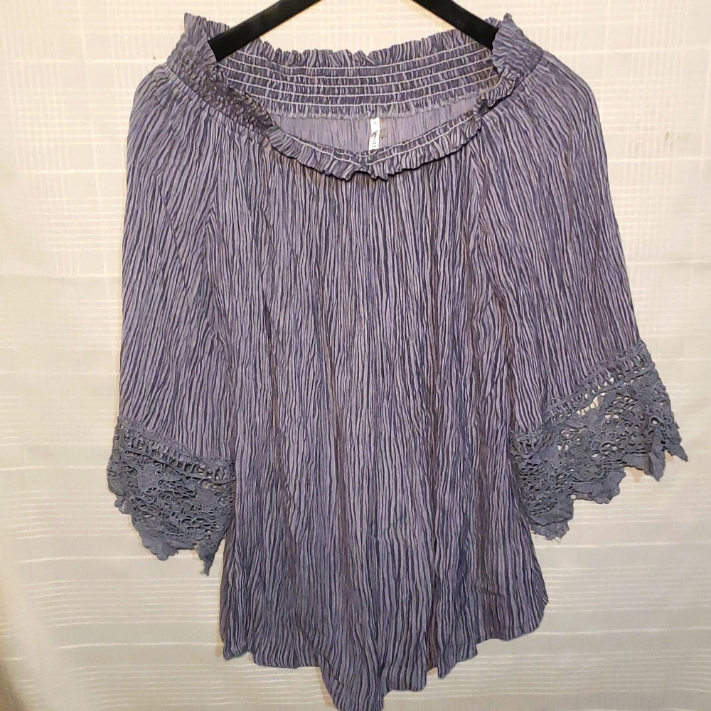 Crincle And Crochet Lace  Slate Blue bell sleeve  Women's Top